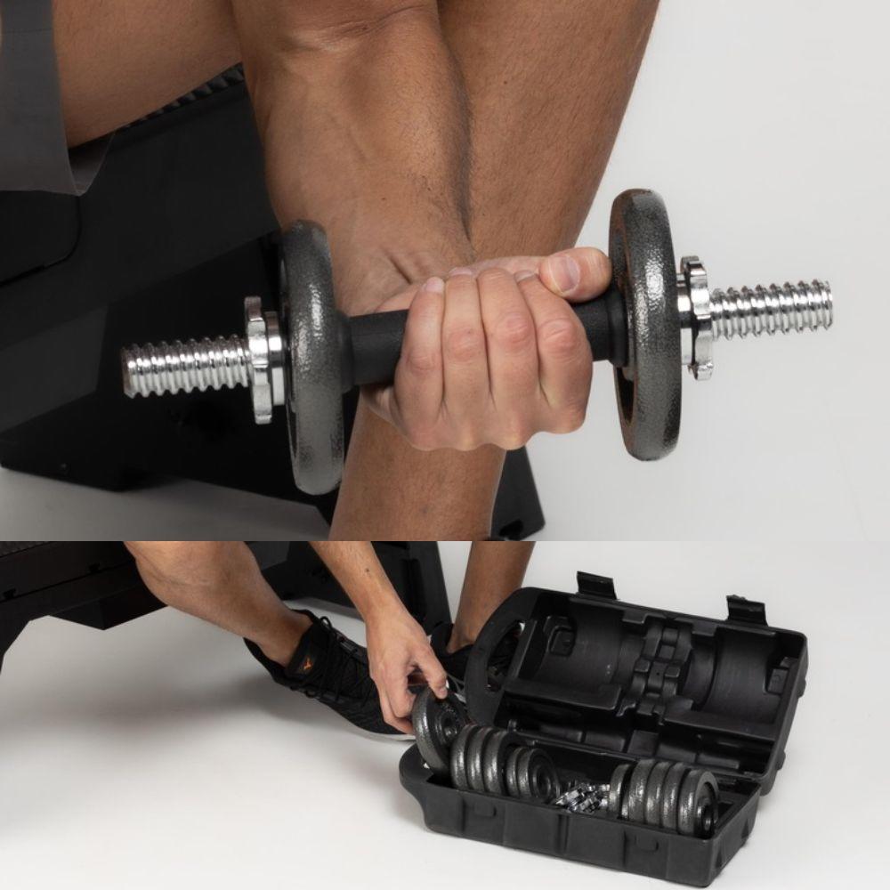 Kit Halteres, Barras e Anilhas 19 Peças 15kg com Maleta